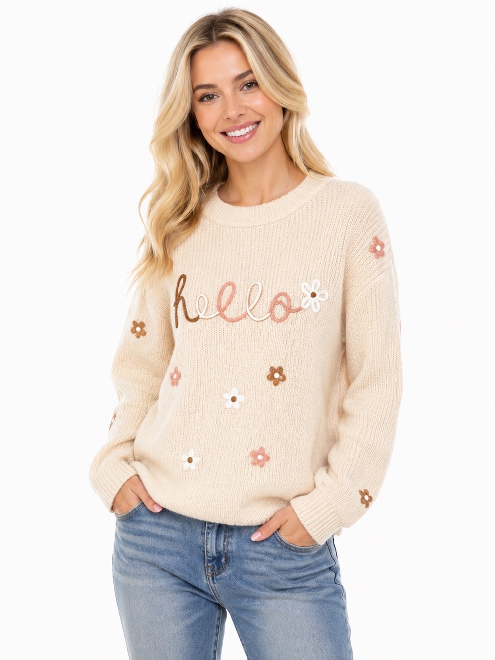 And the Why Size Medium Women's Cream Sweater with Floral Hello Embroidery